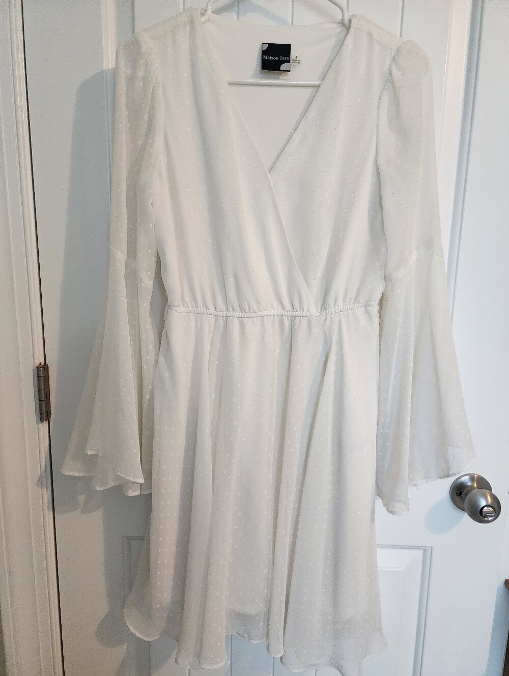 Maison Tara White Swiss Dot Wrap-Style 3/4 Sleeve Dress